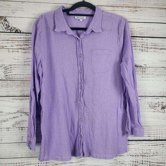 Sergenti Button Front Top XL Womens Purple Long Roll Tab Sleeve 100% Cotton - Picture 1 of 13